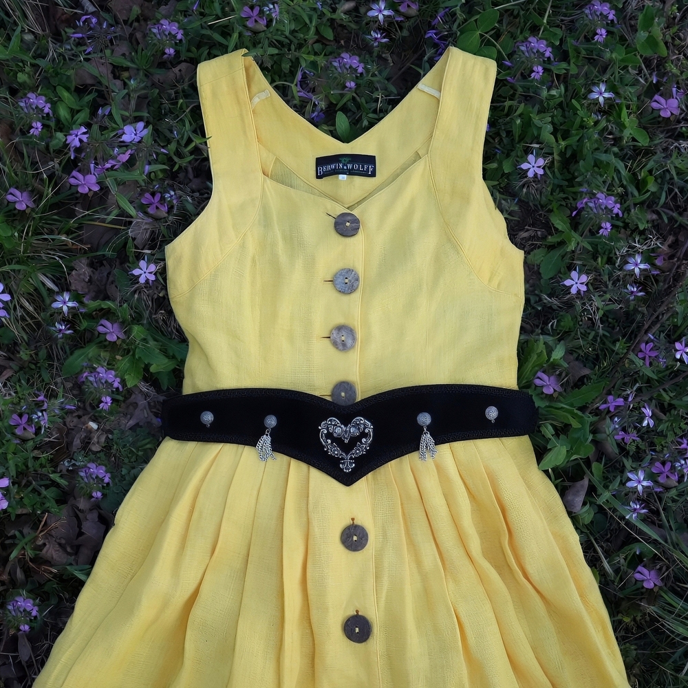 Vintage Yellow Linen Maxi Dress with Suede Belt, Cottagecore, Bohemian